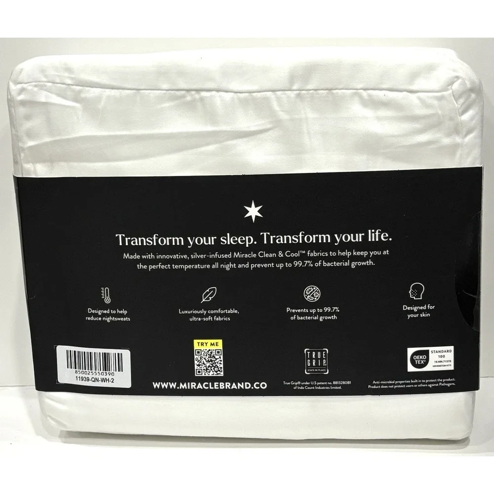 Miracle Made Queen Luxe Sateen Sheet Set White Self Cooling Silver Infused 4 Pc